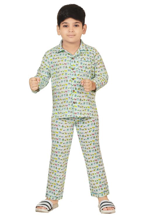 Fritters Handblock Print Pure Cotton Long Sleeve Kids Nightwear/Nightdress/Sleepsuit/Sleepwear/Night Suit for Boys and Girls Top and Pyjama Combo Set