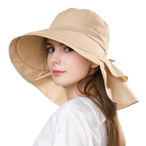Palay Fashion Women Wide Brim Hat For Girl Women Uv Protection Summer Sun Hat With Ponytail Hole Back Neck Flap Cover Beige
