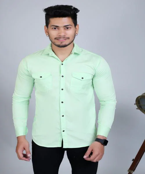 PODGE Men Slim Fit Solid Spread Collar Casual Sea Green Shirt