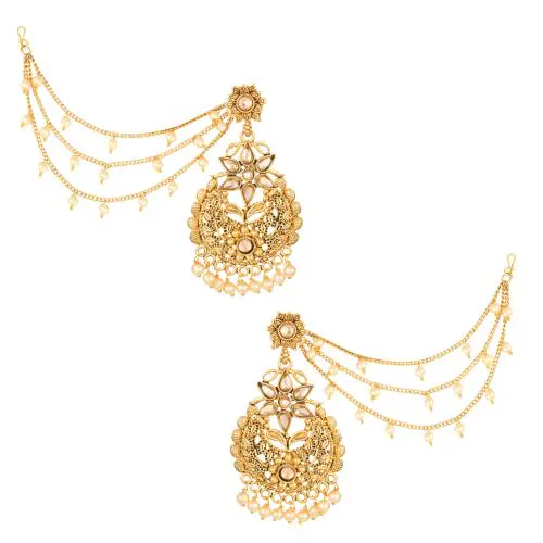 Vshine Wedding Traditional Pearl Ear Chain Hair Accessories Jhumki/Jhumka Earring Ethnic Collection Festive Fancy Party Wear Latest Design Gold Plated Chain Link Earring Ear Set Earcuff Fashion Jewellery for Women & Girls