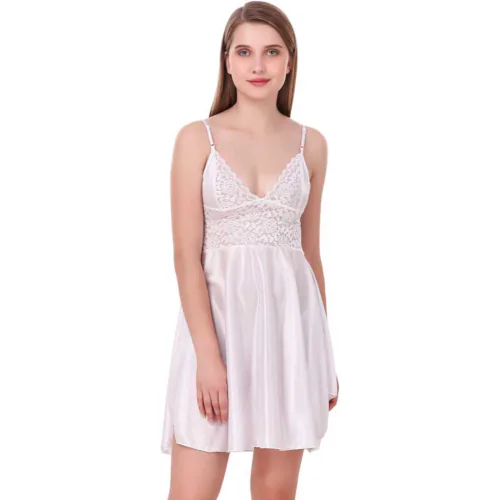 Ladysta Women's White Solid Satin Babydoll Nightwear Freesize (S M L)