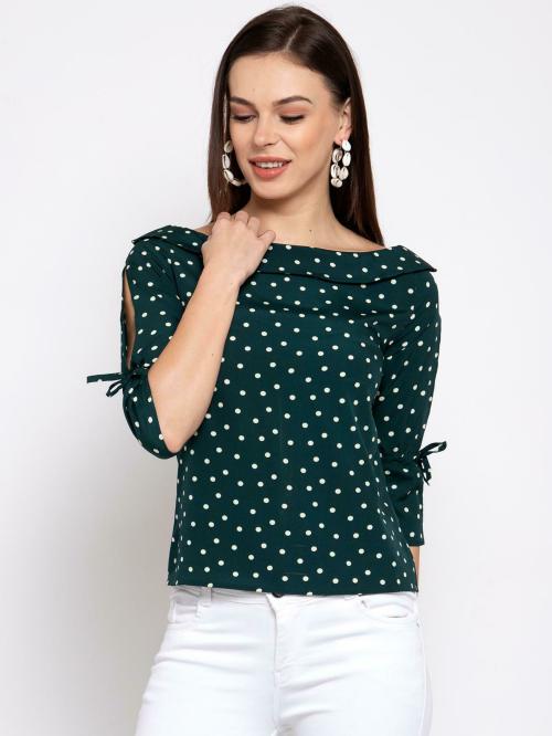 Style Quotient Womens Green & White Polka Dot Boat Neck Top