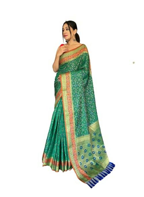 Leeli Peeri Designer Women Teal Silk Saree With Contrast Blouse (Free Size)