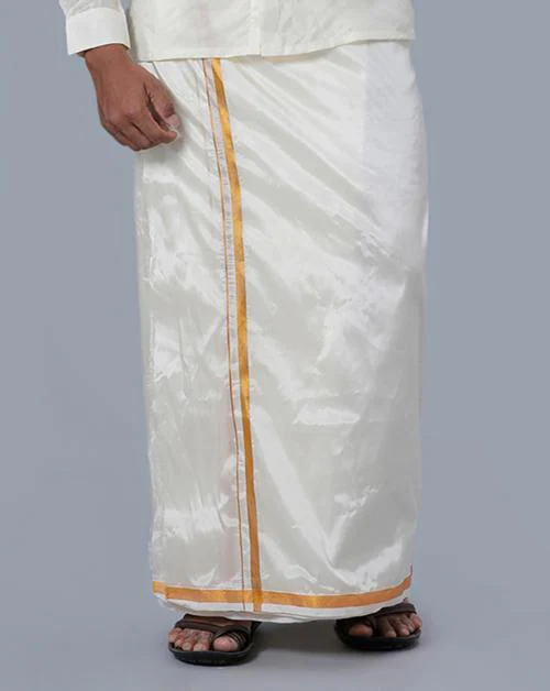 Ramraj Cotton Men's Soft Silk Solid Cream with Golden Jari Border Dhoti (60K)