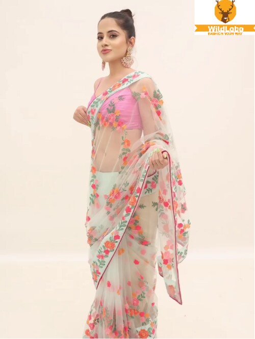 WILDLOBO - Bollywood Celebrity Inspired Transparent Pure Soft Net Attractive Saree