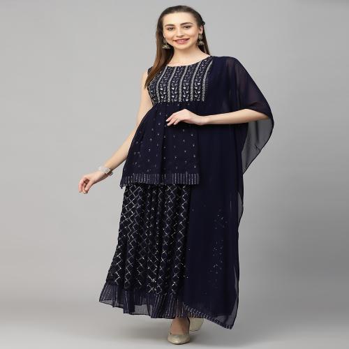 18 ATTITUDE Navy Blue Ethnic Motifs Anarkali Kurti With Self Design Sharara With Dupatta - XL
