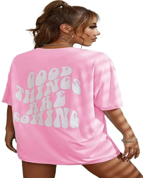 DENIMHOLIC Cotton Half Sleeve Printed Oversized Pink tshirt for Women