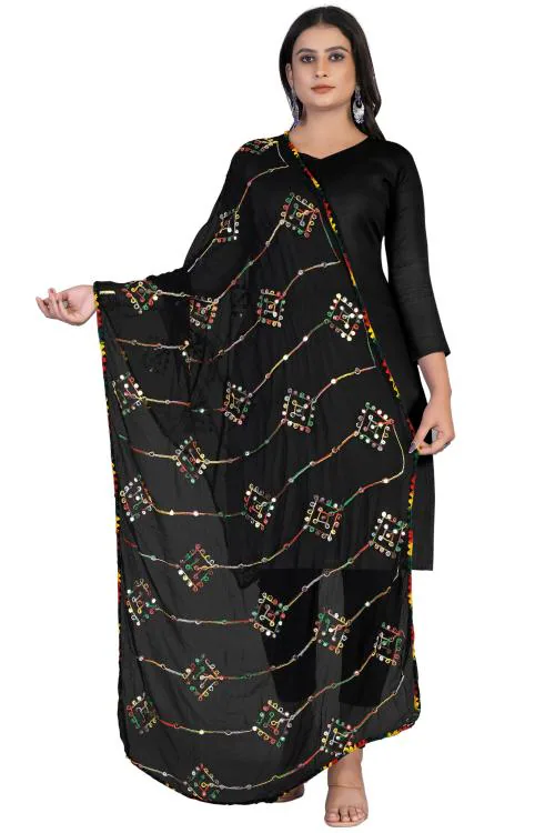 Kemza Women's Embroidered Mirror Chiffon Dupatta (Black) with Banjara Work