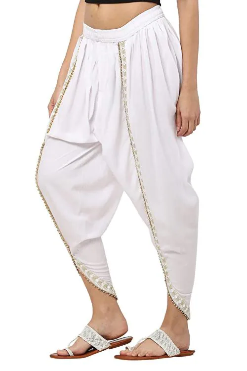 ALAXENDER Punjabi Salwar Dhoti With Moti Lace Free Size (28 till 32) WHITE