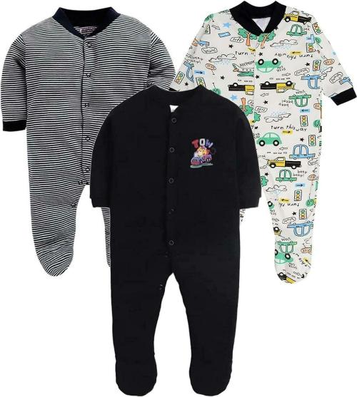 POOJA BABY Boys and Girls Black Printed Cotton Blend (pack of 3) Rompers, 6 - 9 Months