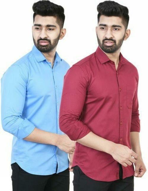 BOUGHT FIRST Men Maroon, Sky Blue Pure Cotton Solid Pack of 2 Shirts (XL)