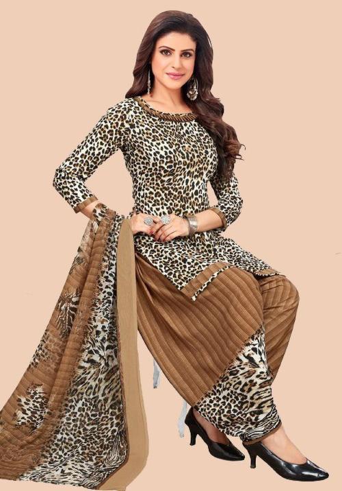Iris Women Brown, White Crepe Floral Print, Printed, Geometric Print Unstitched Salwar Suit Material - Kinjal