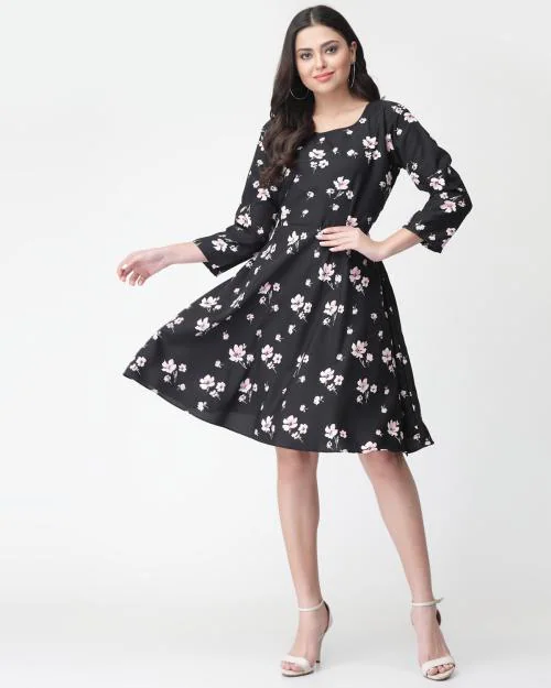 Miss Ayse Women's Crepe Fabric Black Color Floral Printed A-line Short Dress For Women