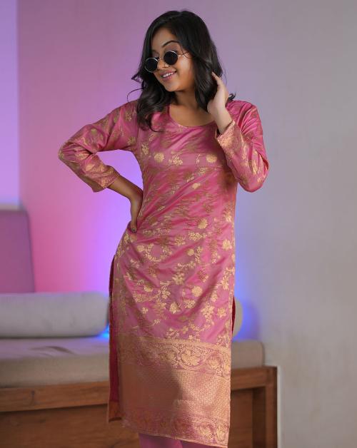 HALFSAREE STUDIO Pink Banarasi Silk Straight Kurta top