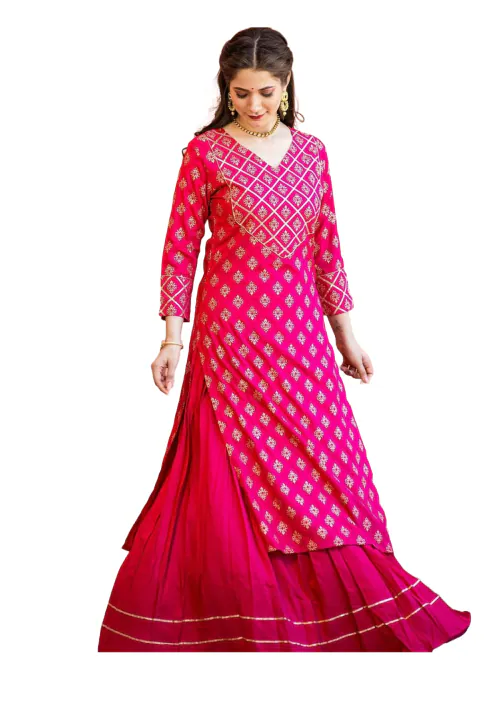 Clickedia Women's Fully Stitched Printed Rayon with Gotta Patti Samosa Lace Foil Gold Print work Jaipuri Kurta and Skirt Set