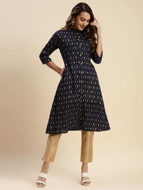 Rangita Women Rayon All Over Ethnic Printed Calf Length Front Slit Kurti With Front Button Placket -Navy