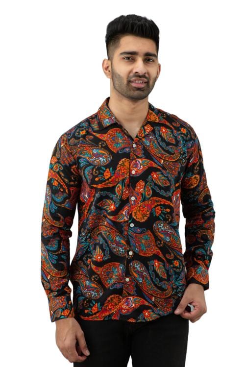 Comeless Men Black Printed Rayon Full Sleeves Shirt (L)