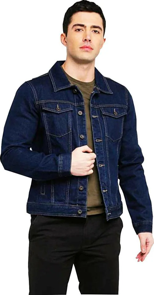 Skenjel Men Dark Blue Solid Denim Casual Jacket