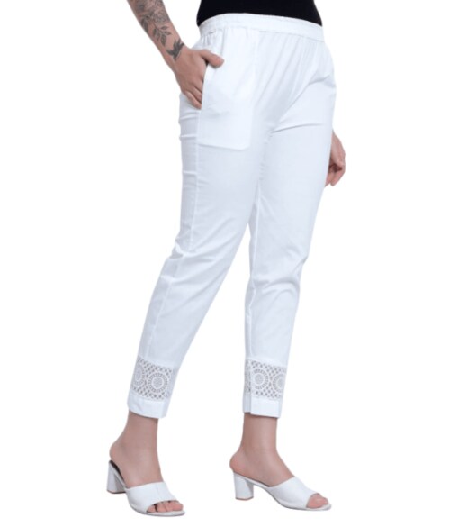 NICE WONDER,Womens White Cotton Lycra Trouser Pants with lace Embroidery Design and Pockets Size 28 to 44