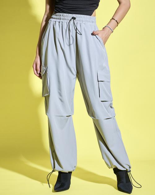 Buynewtrend Grey Women Loose Fit Parachute Trousers | High Waist Cargo Trouser Pant