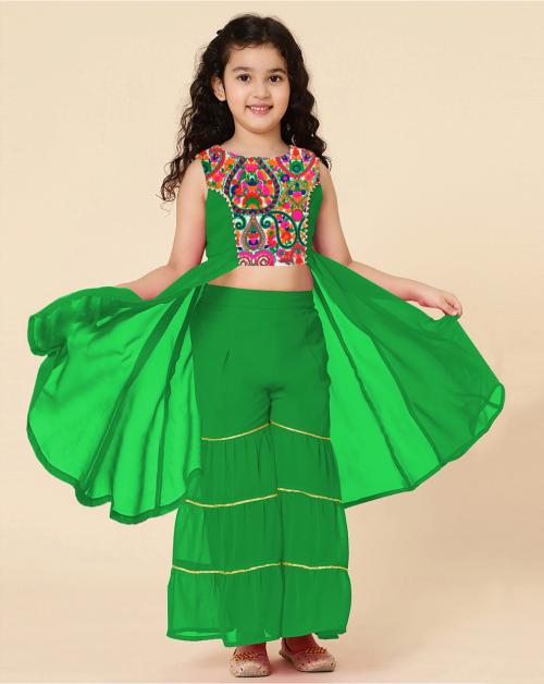 A.T.U.N. Girls Embroidered Green Sharara Set