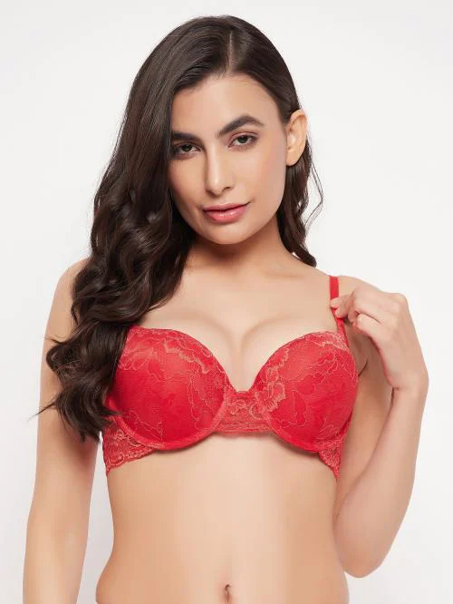 Clovia Red Solid Lace Push-up Bra