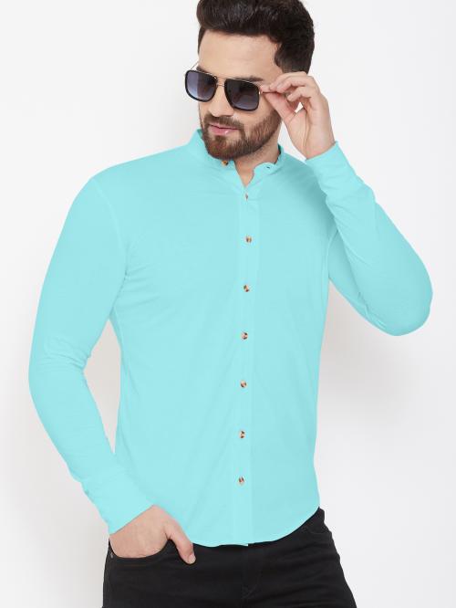 Gespo Sky Blue Solid Mandarin Collar Full Sleeve Shirt
