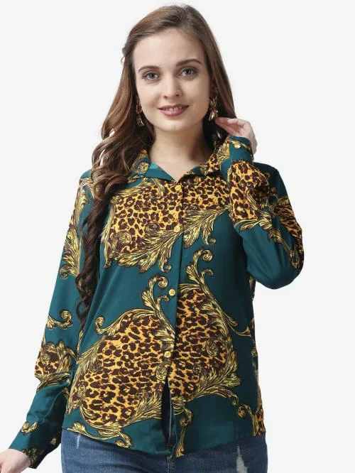 Popwings Casual Dark Green Chain Printed Shirt for Women | Shirt for Women Stylish | Latest Design Shirt Women | Collar Shirt For Women