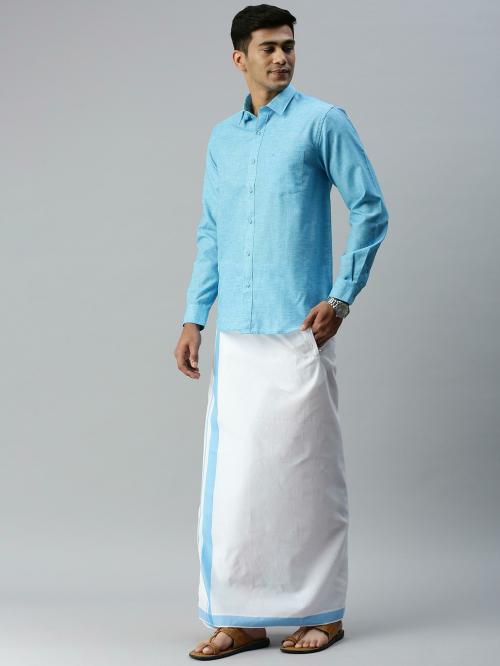 RAMRAJ Men Cotton Matching Border Adjustable Dhoti with Full Sleeve Light Blue shirt (38; Light Blue)