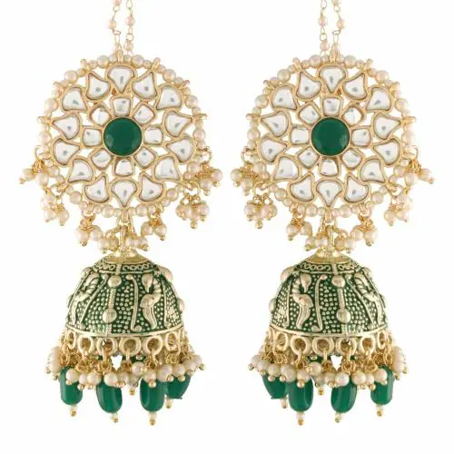 I Jewels 18K Gold Plated Alloy Intricately Designed Traditional with Detachable Hair Chain Encased with Kundans and Pearls Jhumka Earrings For Women (E2910G)