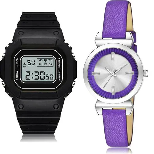 NEUTRON Brand New Luxury Digital Kids Watch And Simple Black And Purple Colour Analog-Digital Plastic And Genuine Leather Belt 2 Watch Combo For Women And Girls - DG28-GW24