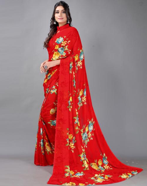 Satrani Women'S Red Floral Printed Saree | sarees for Women| saree | sarees