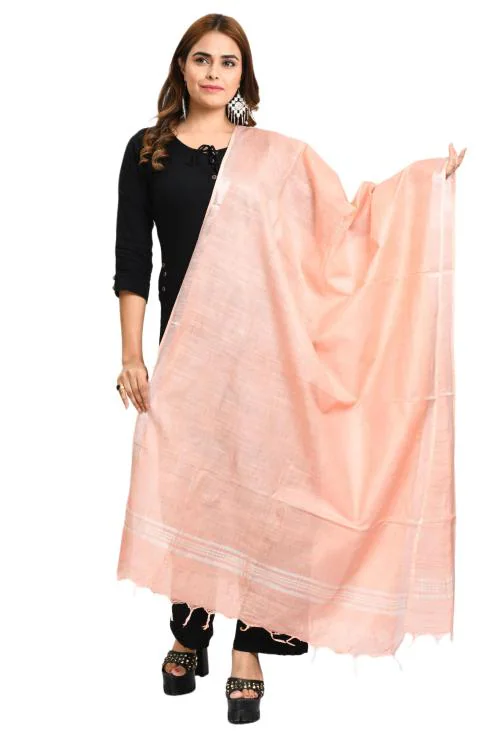 Moeza Women Peach Cotton Woven Design Silver Border Linen Dupatta