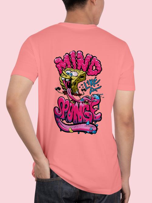 BLISSINK SpongeBob SquarePants Front And Back Printed Coral Cotton Tshirt for Men