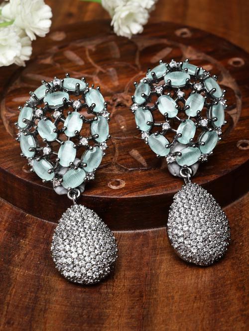 Zeneme Rhodium-Plated Brass Gunmetal American Diamond Teardrop Shaped Drop Earrings For Girls And Women