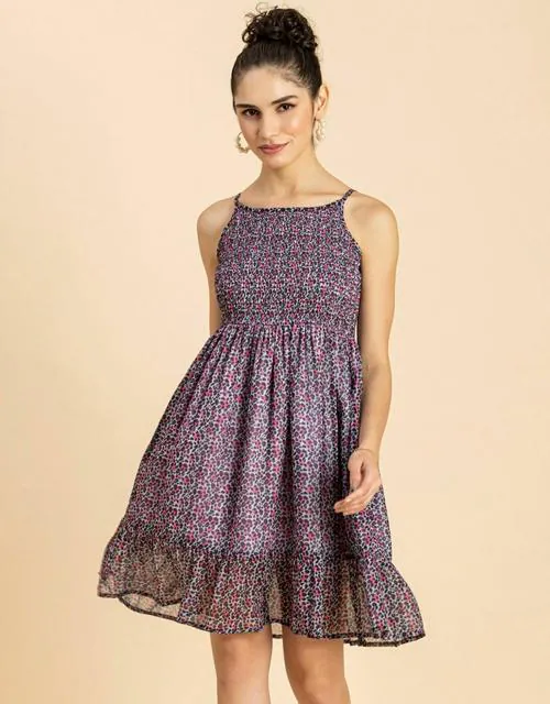 Moomaya Women's Printed Strappy Flared Dress, Smocked Frilled Short Dress