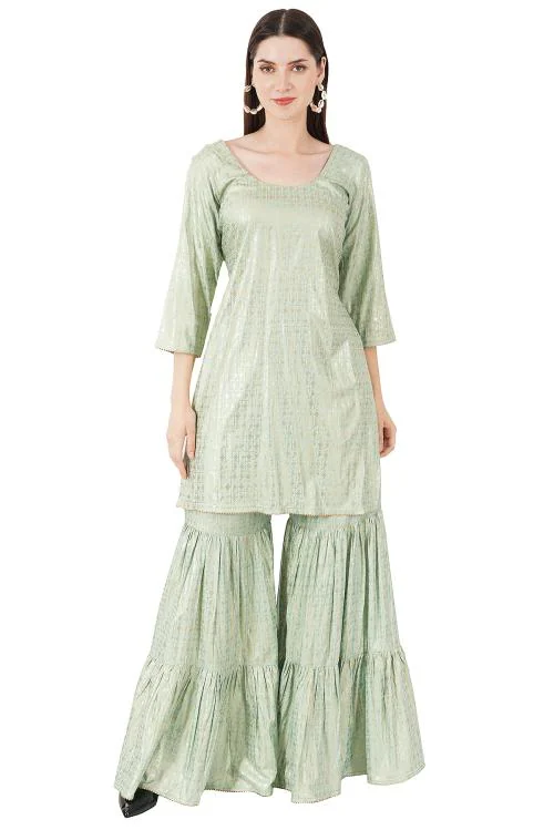 Chic on Fire Pastel Green and Golden - Double layer Sharara suit L