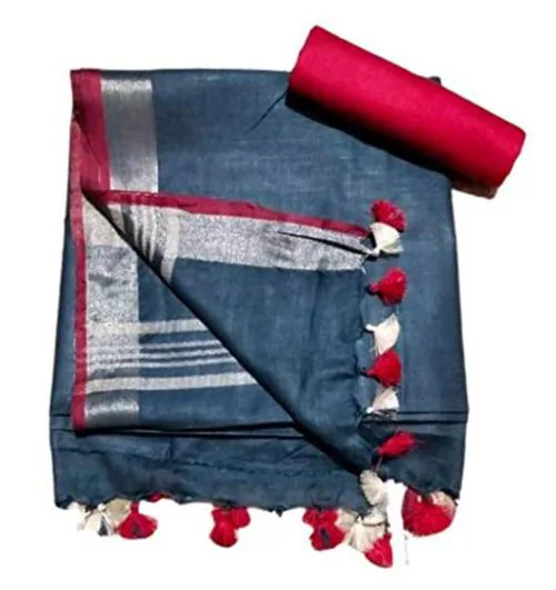 Radiant Fashion Women Blue Linen Saree with Contrast Blouse