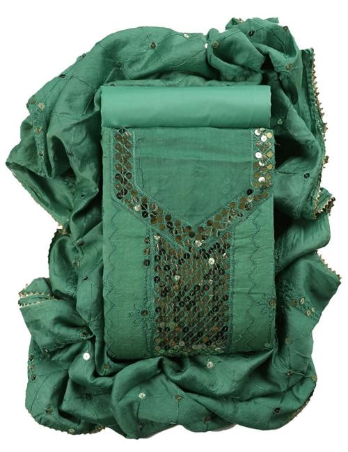 Sun Fashion and Lifestyle Women Green Embroidery with Sequence Work Cotton Silk Unstitched Salwar Suit Dress Material with Dupatta