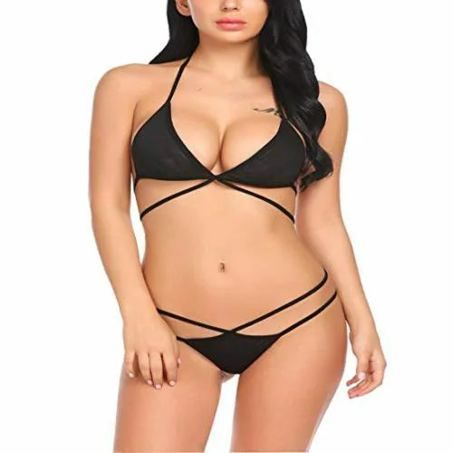 Psychovest Black Bikini Stripped Bra And Panty Lingerie Set