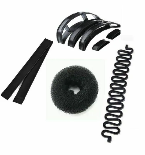 GADINFASHION Black Sponge and Plastic Womens Hair Accessories Set (1 Donut,  5 Bumpits, 1 French braid tool, 1 Twist Bun Maker) - JioMart
