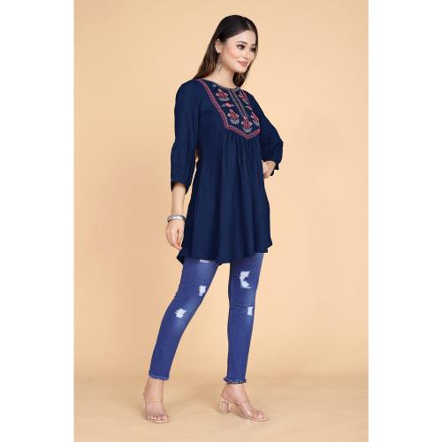 YASHODA AMMA Floral Embroidered Rayon Slub Fabric Navy Blue Color 3/4th Sleeve Round Neck Hip Length Top