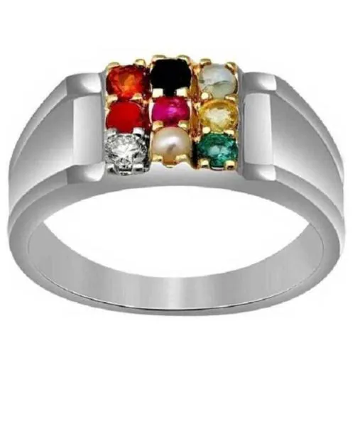 Ceylonmine Navratan Ring With Natural Navaratna Navgrah 9 Gems Stones Silver Plated Ring