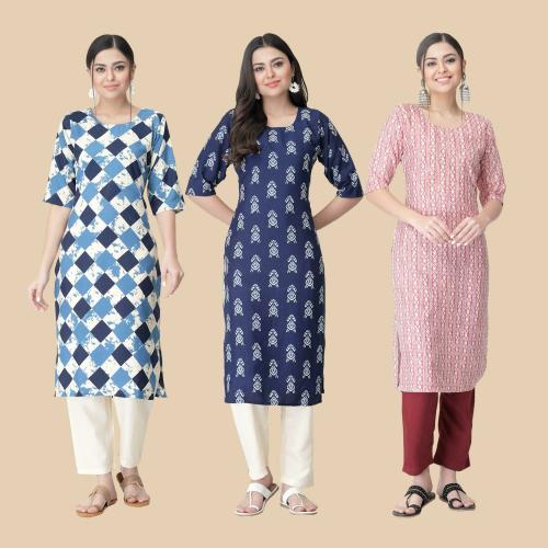 kurti for women kurti crepe kurti 1 Stop Fashion Women's Crepe Beige Digital Printed Straight Kurti Pack of-3