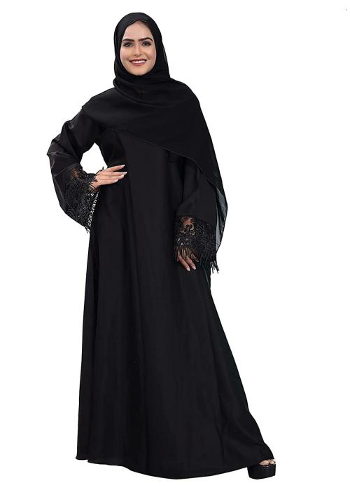 KHADIJA FASHION Women Black Synthetic Solid Abaya with Hijab (M)