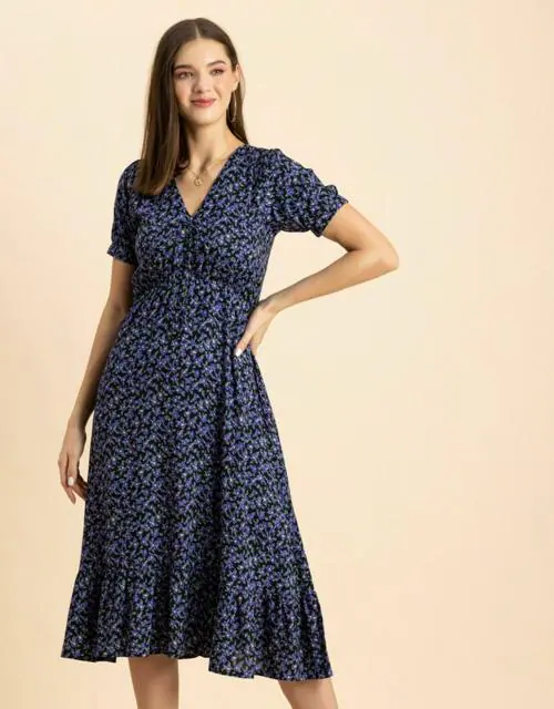 Moomaya Women's Printed Summer Dress, V-Neck Ruffled Viscose Midi Dress, Sundress