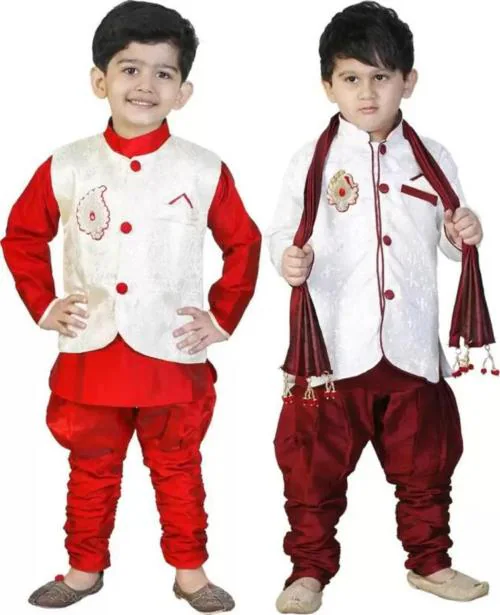 Covetus Boys Multicolor Self Design Art Silk Set Of 2 Party Kurta With Churidar And Dupatta Set (3-4 Years)