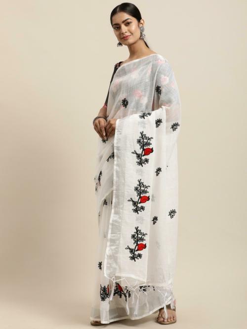 fab99 Women White Printed Net Saree