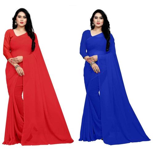 Sidhidata Textile Combo of 2 Women's plain Solid pure Georgette Saree With Unstitched Blouse Piece (Pack of Two) (Combo plain red-royal blue_Red & royal blue_Free Size) Red, Royal Blue