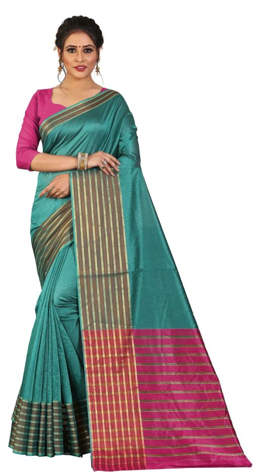 Prabhas Women Green Cotton Silk Striped Saree